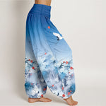 Buddha Stones Pure Cotton Blue Ombre Crane Blossom Pattern Women's Elastic Waist Harem Pants
