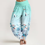 Buddha Stones Pure Cotton Blue Ombre Crane Blossom Pattern Women's Elastic Waist Harem Pants