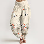 Buddha Stones Pure Cotton Blue Ombre Crane Blossom Pattern Women's Elastic Waist Harem Pants