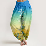 Buddha Stones Pure Cotton Ink Wash Mountain Gradient Pattern Women's Elastic Waist Harem Pants