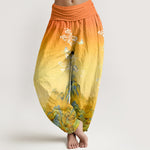 Buddha Stones Pure Cotton Ink Wash Mountain Gradient Pattern Women's Elastic Waist Harem Pants