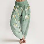 Buddha Stones Pure Cotton White Yellow Blossom Cluster Pattern Women's Elastic Waist Harem Pants
