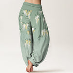 Buddha Stones Pure Cotton White Yellow Blossom Cluster Pattern Women's Elastic Waist Harem Pants