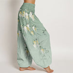 Buddha Stones Pure Cotton White Yellow Blossom Cluster Pattern Women's Elastic Waist Harem Pants