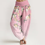 Buddha Stones Pure Cotton White Yellow Blossom Cluster Pattern Women's Elastic Waist Harem Pants