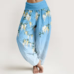 Buddha Stones Pure Cotton White Yellow Blossom Cluster Pattern Women's Elastic Waist Harem Pants