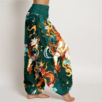 Buddha Stones Pure Cotton Mythical Phoenix Flame Pattern Women's Elastic Waist Harem Pants