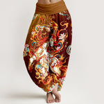 Buddha Stones Pure Cotton Mythical Phoenix Flame Pattern Women's Elastic Waist Harem Pants
