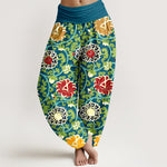 Buddha Stones Pure Cotton Bohemian Lotus Vine Pattern Women's Elastic Waist Harem Pants