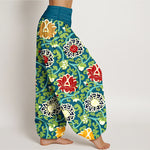 Buddha Stones Pure Cotton Bohemian Lotus Vine Pattern Women's Elastic Waist Harem Pants