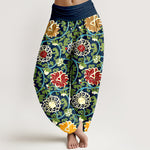 Buddha Stones Pure Cotton Bohemian Lotus Vine Pattern Women's Elastic Waist Harem Pants