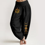 Buddha Stones Pure Cotton Gold Sun Moon Phases Pattern Women's Elastic Waist Harem Pants