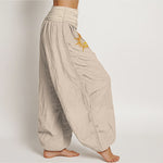 Buddha Stones Pure Cotton Gold Sun Moon Phases Pattern Women's Elastic Waist Harem Pants