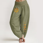 Buddha Stones Pure Cotton Gold Sun Moon Phases Pattern Women's Elastic Waist Harem Pants