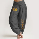 Buddha Stones Pure Cotton Gold Sun Moon Phases Pattern Women's Elastic Waist Harem Pants