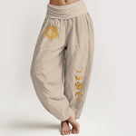 Buddha Stones Pure Cotton Gold Sun Moon Phases Pattern Women's Elastic Waist Harem Pants