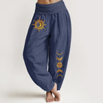 Buddha Stones Pure Cotton Gold Sun Moon Phases Pattern Women's Elastic Waist Harem Pants