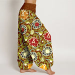 Buddha Stones Pure Cotton Bohemian Lotus Vine Pattern Women's Elastic Waist Harem Pants