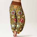 Buddha Stones Pure Cotton Bohemian Lotus Vine Pattern Women's Elastic Waist Harem Pants
