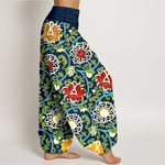 Buddha Stones Pure Cotton Bohemian Lotus Vine Pattern Women's Elastic Waist Harem Pants
