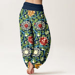 Buddha Stones Pure Cotton Bohemian Lotus Vine Pattern Women's Elastic Waist Harem Pants