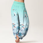 Buddha Stones Pure Cotton Blue Ombre Crane Blossom Pattern Women's Elastic Waist Harem Pants