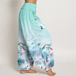 Buddha Stones Pure Cotton Blue Ombre Crane Blossom Pattern Women's Elastic Waist Harem Pants