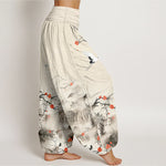 Buddha Stones Pure Cotton Blue Ombre Crane Blossom Pattern Women's Elastic Waist Harem Pants