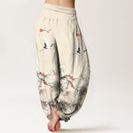 Buddha Stones Pure Cotton Blue Ombre Crane Blossom Pattern Women's Elastic Waist Harem Pants