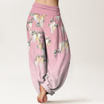 Buddha Stones Pure Cotton White Yellow Blossom Cluster Pattern Women's Elastic Waist Harem Pants