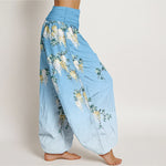 Buddha Stones Pure Cotton White Yellow Blossom Cluster Pattern Women's Elastic Waist Harem Pants