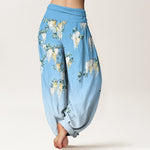 Buddha Stones Pure Cotton White Yellow Blossom Cluster Pattern Women's Elastic Waist Harem Pants
