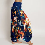 Buddha Stones Pure Cotton Mythical Phoenix Flame Pattern Women's Elastic Waist Harem Pants