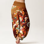 Buddha Stones Pure Cotton Mythical Phoenix Flame Pattern Women's Elastic Waist Harem Pants
