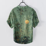 Buddha Stones Cotton Ink Bamboo With Golden Moon Pattern Men's Short Sleeve Half Button Shirt