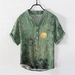 Buddha Stones Cotton Ink Bamboo With Golden Moon Pattern Men's Short Sleeve Half Button Shirt