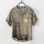 Buddha Stones Cotton Ink Bamboo With Golden Moon Pattern Men's Short Sleeve Half Button Shirt