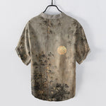 Buddha Stones Cotton Ink Bamboo With Golden Moon Pattern Men's Short Sleeve Half Button Shirt