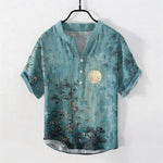 Buddha Stones Cotton Ink Bamboo With Golden Moon Pattern Men's Short Sleeve Half Button Shirt