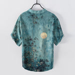 Buddha Stones Cotton Ink Bamboo With Golden Moon Pattern Men's Short Sleeve Half Button Shirt