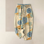 Buddha Stones Pure Cotton Orange Floral Pattern Women's Elastic Waist Pants With Pockets