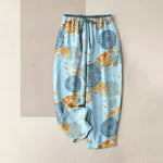 Buddha Stones Pure Cotton Orange Floral Pattern Women's Elastic Waist Pants With Pockets