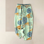 Buddha Stones Pure Cotton Orange Floral Pattern Women's Elastic Waist Pants With Pockets