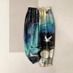 Buddha Stones Pure Cotton Oriental Crane Watercolor Pattern Women's Elastic Waist Pants With Pockets