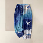 Buddha Stones Pure Cotton Oriental Crane Watercolor Pattern Women's Elastic Waist Pants With Pockets