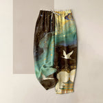 Buddha Stones Pure Cotton Oriental Crane Watercolor Pattern Women's Elastic Waist Pants With Pockets