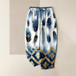 Buddha Stones Pure Cotton Navy Feather And Gold Border Pattern Women's Elastic Waist Pants With Pockets