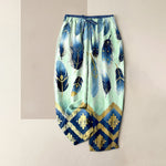 Buddha Stones Pure Cotton Navy Feather And Gold Border Pattern Women's Elastic Waist Pants With Pockets