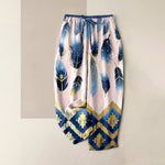 Buddha Stones Pure Cotton Navy Feather And Gold Border Pattern Women's Elastic Waist Pants With Pockets