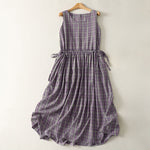 Buddha Stones Summer Vintage Drawstring Waist Button-Up Plaid Cotton Women's Sleeveless Dress With Pockets